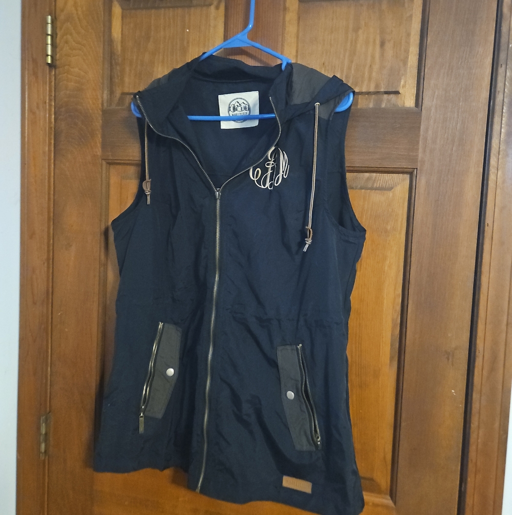 Monogrammed Navy Hooded Zip Front Vest Initials CBM